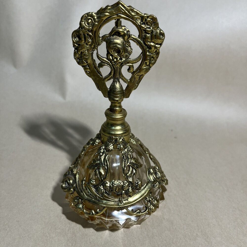 Vintage Matson Ormolou Rose Gold Filigree Perfume Bottle & Dauber 5.75" Tall